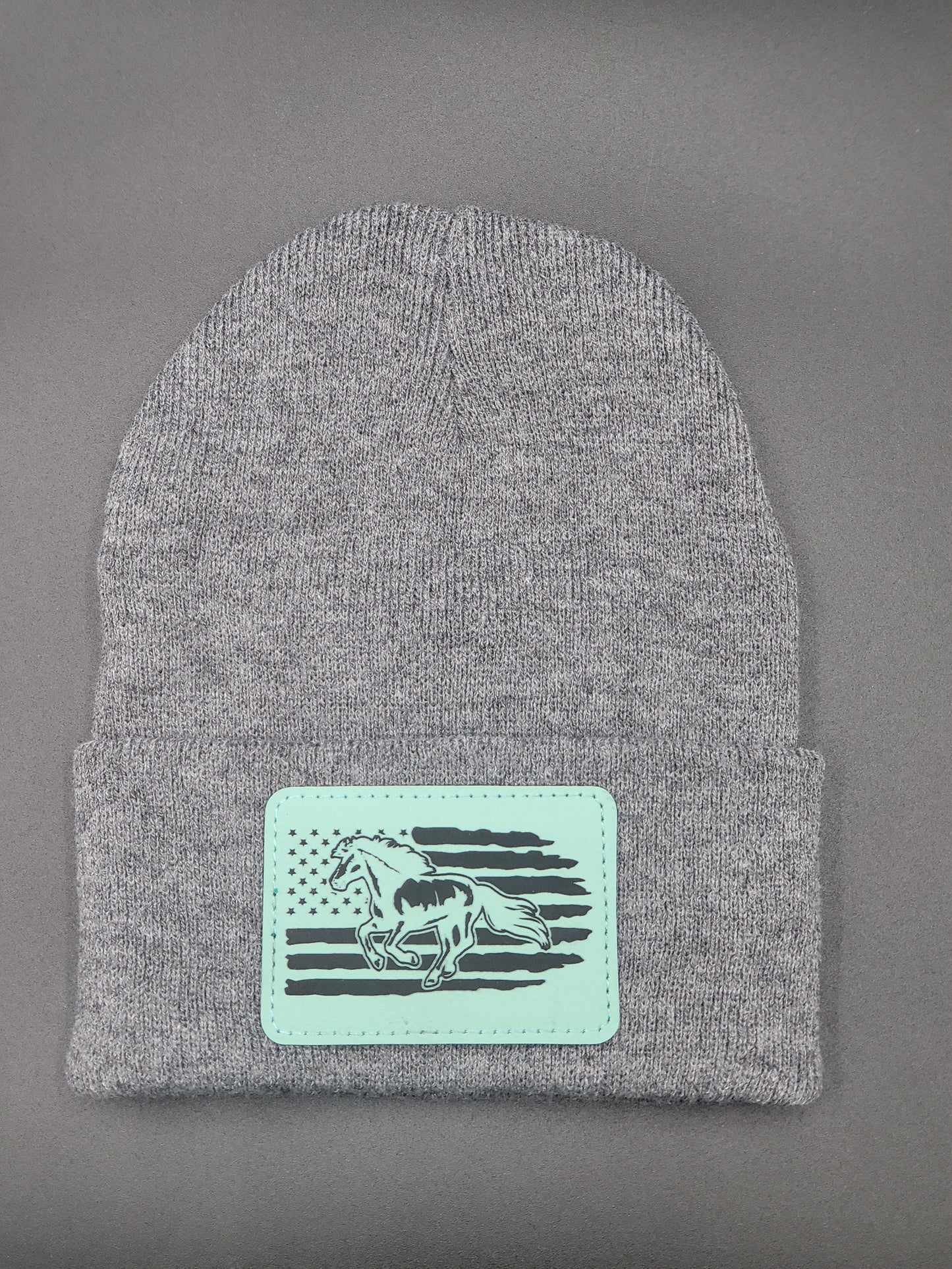 Horse and Flag Leather Patch on Knit Cap