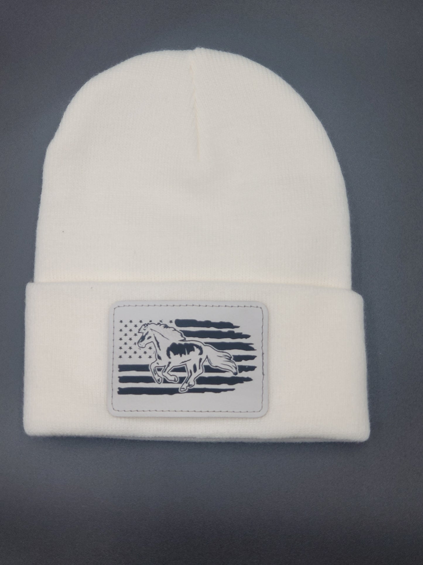 Horse and Flag Leather Patch on Knit Cap