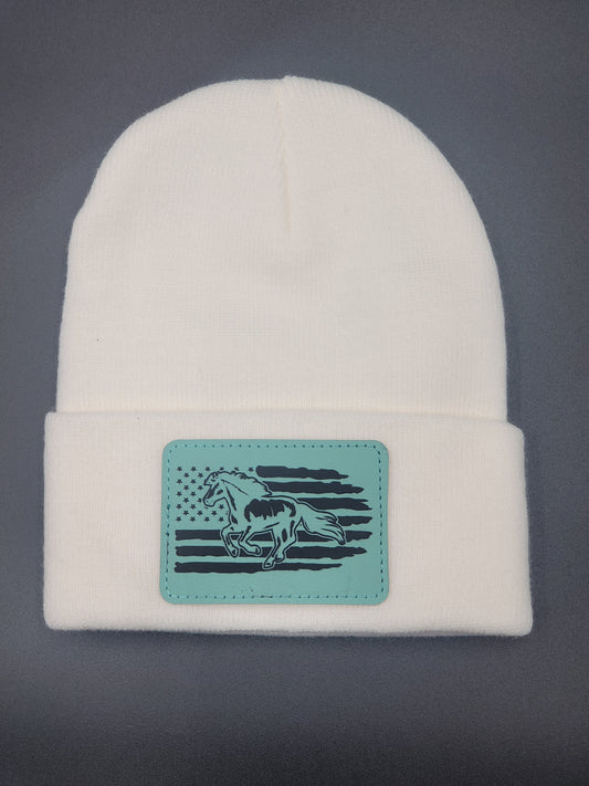 Horse and Flag Leather Patch on Knit Cap