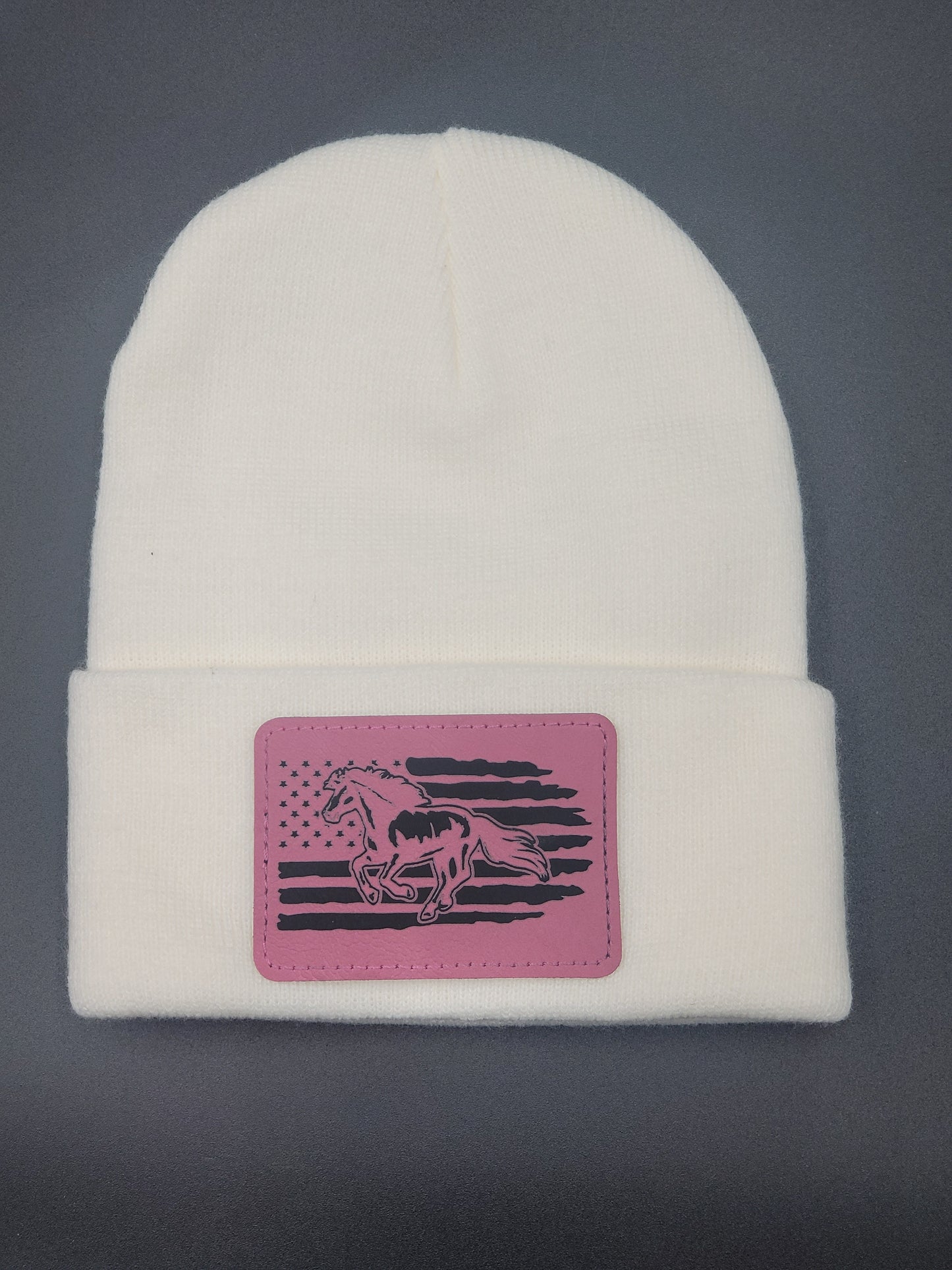 Horse and Flag Leather Patch on Knit Cap