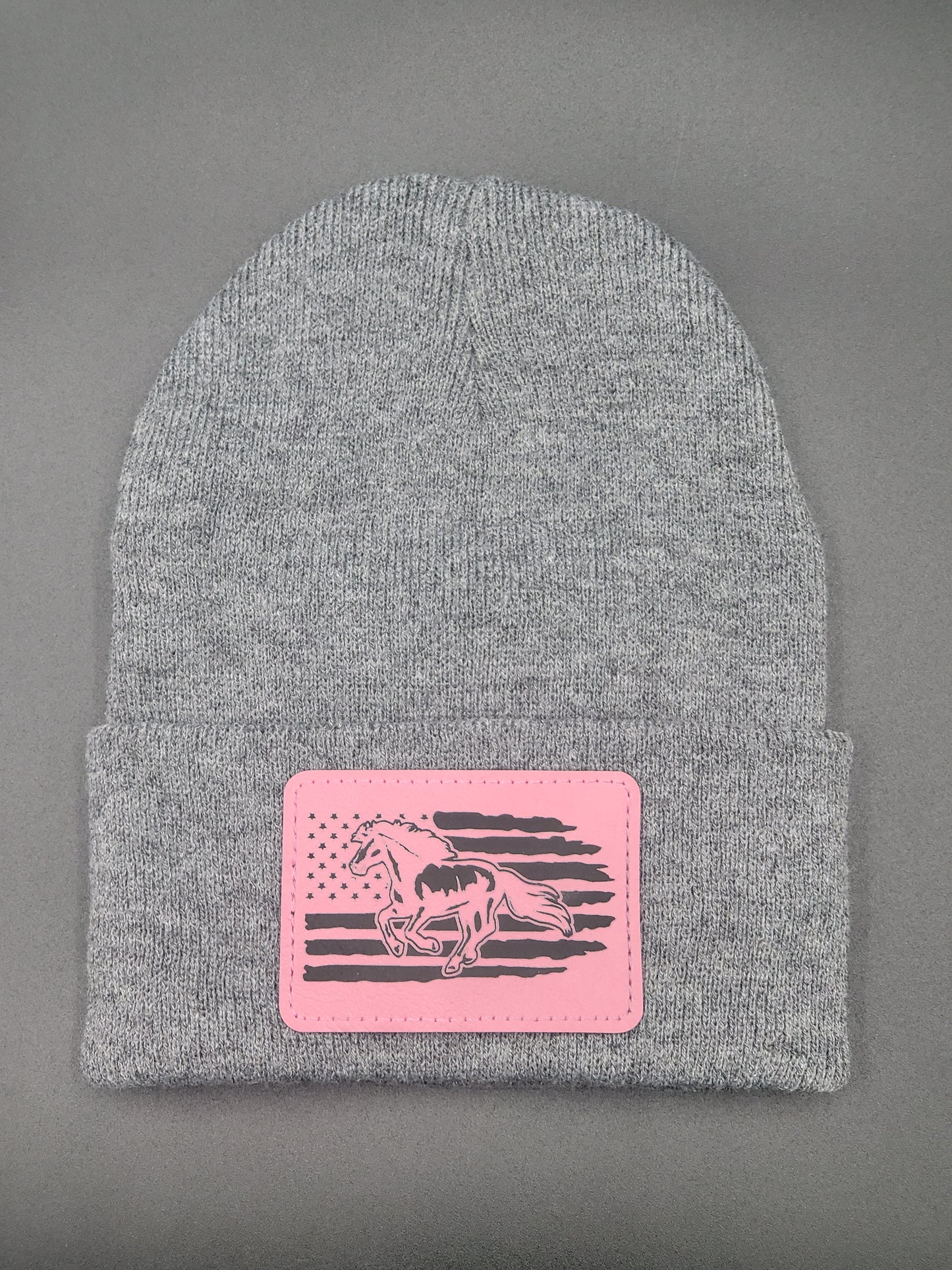 Horse and Flag Leather Patch on Knit Cap