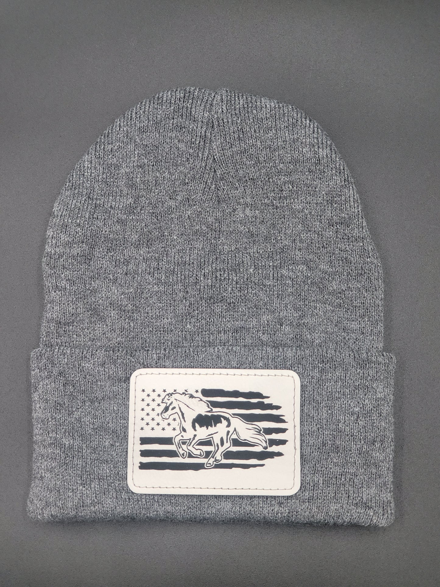 Horse and Flag Leather Patch on Knit Cap